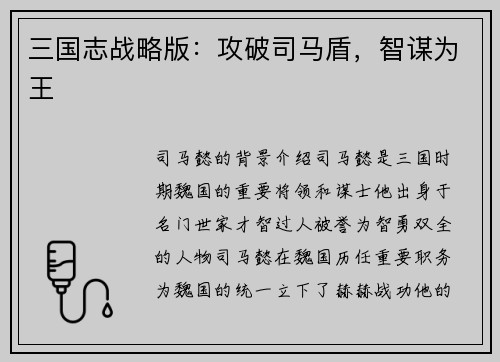 三国志战略版：攻破司马盾，智谋为王