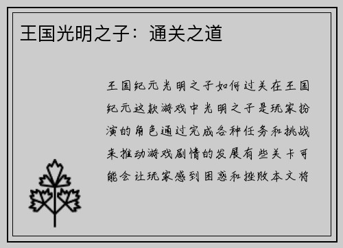 王国光明之子：通关之道