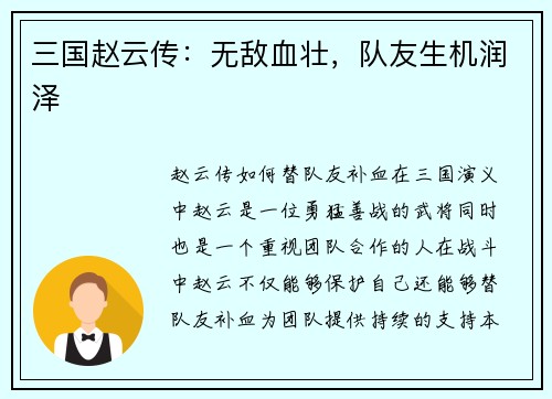 三国赵云传：无敌血壮，队友生机润泽